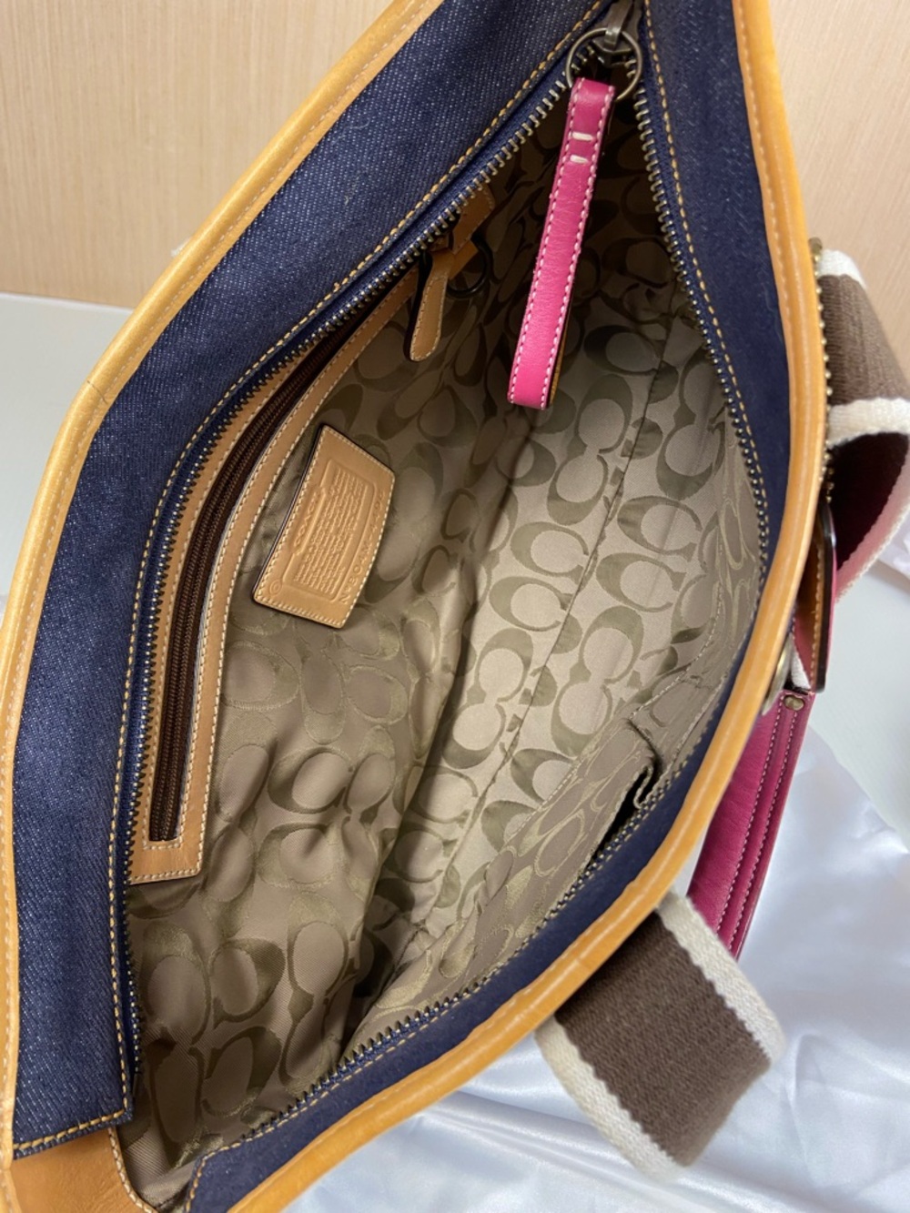 Coach Denim Tote Bag Pink Leather Trim Stripe Canvas Small Carryall Zip Top Y2K - Picture 7 of 15